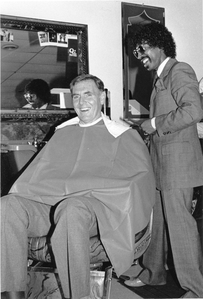 archivesboston's tweet photo. In the 1980s, Mayor Raymond Flynn got a haircut at a local Boston barbershop. We're trying to identify the barbershop and the folks in these photos. Can you help us? @universalhub https://t.co/8ghB5aYeMP