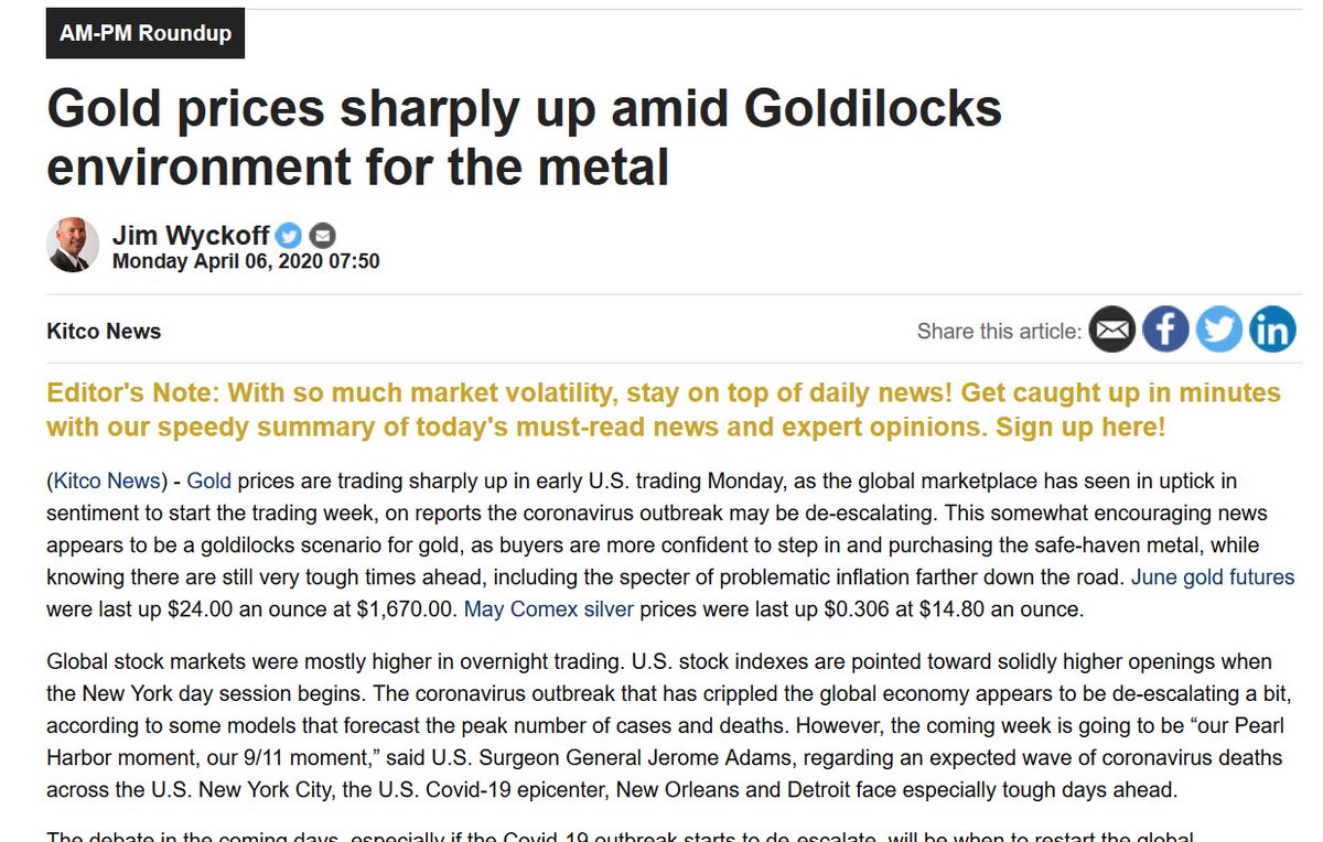 Gold prices sharply up amid Goldilocks environment for the metal [Apr. 6, 2020] #commodities #metals #mining #USDollar #silver kitco.com/news/2020-04-0…