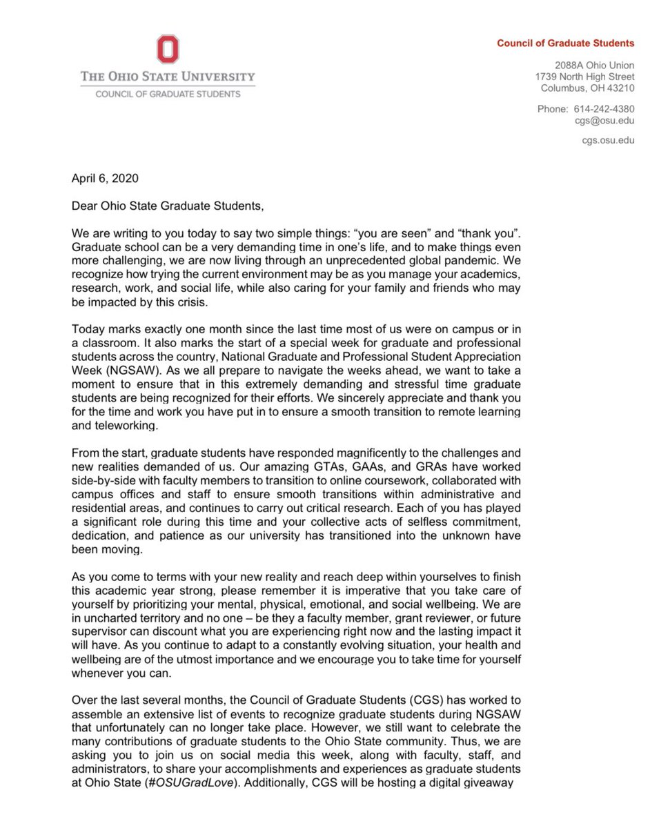 cgsosu's tweet photo. Read this message from CGS Treasurer, @DaVonti_ and Graduate Student Affairs Chair, @markpauley14
Graduate students, “you are seen and thank you” for all that you do, and your contributions to @OhioState during this unprecedented time.
#NGSAW #OSU150 #OSUGradLove #COVID19 https://t.co/bv7F3sMlsp
