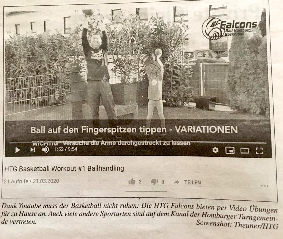 ballacademix's tweet photo. Zeitungsausschnitt aus Bad Homburg über das Youtube Workout für zu Hause der HTG Basketball Falcons #modernerVerein https://t.co/KVXmIah6jm