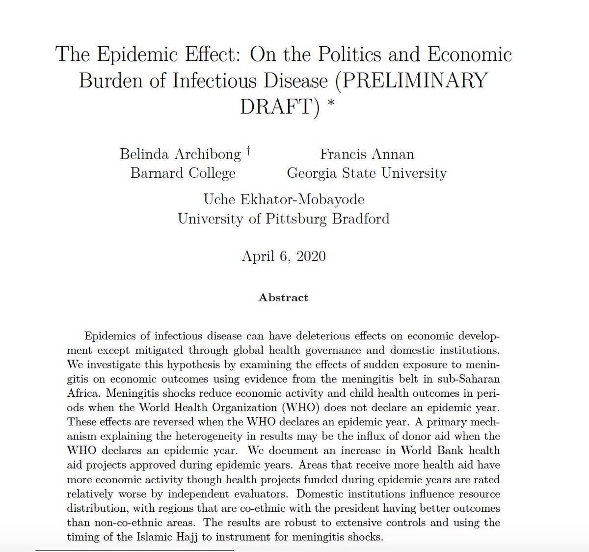 Belinda Archibong (@belindaarch) on Twitter photo New working paper (with <a href="/fannan2316/">Francis Annan</a> and <a href="/ucheekhator/">Uche Ekhator-Mobayode</a> )on the politics and economic burden of epidemics here: researchgate.net/publication/34… Key results: Epidemics reduce economic outcomes in non-epidemic years, effects reversed when <a href="/WHO/">World Health Organization (WHO)</a> declares epidemic due to inflow of health aid 1/n New working paper (with <a href="/fannan2316/">Francis Annan</a> and <a href="/ucheekhator/">Uche Ekhator-Mobayode</a> )on the politics and economic burden of epidemics here: researchgate.net/publication/34… Key results: Epidemics reduce economic outcomes in non-epidemic years, effects reversed when <a href="/WHO/">World Health Organization (WHO)</a> declares epidemic due to inflow of health aid 1/n