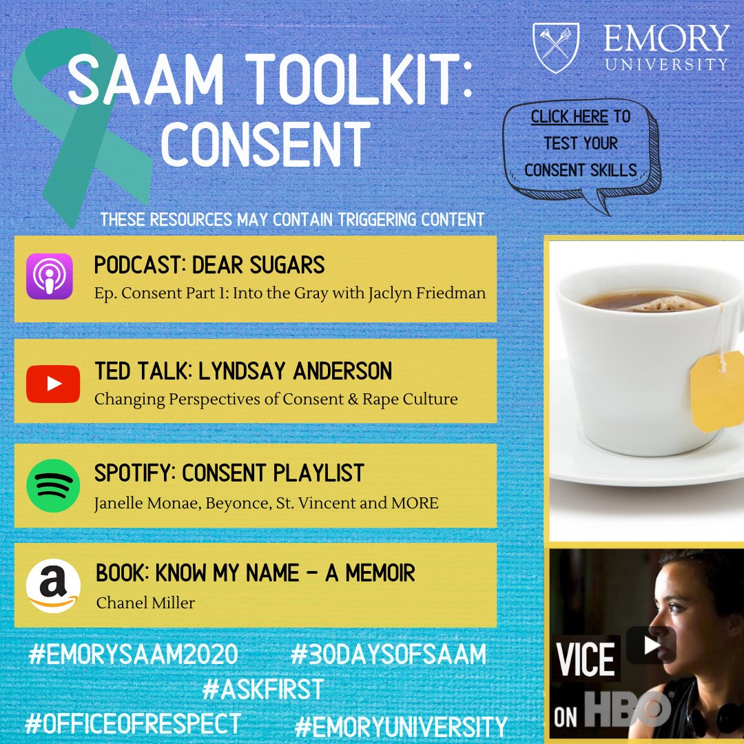 RespectWell's tweet photo. This week we highlight consent. Link in the bio! The content within these toolkits may be challenging to engage with. Take care of yourself and reach out for support. Advocates available 24/7:470-270-5360.  #emorysaam2020 #30daysofsaam #askfirst #officeofrespect #emoryuniversity https://t.co/SX3NqSsWST