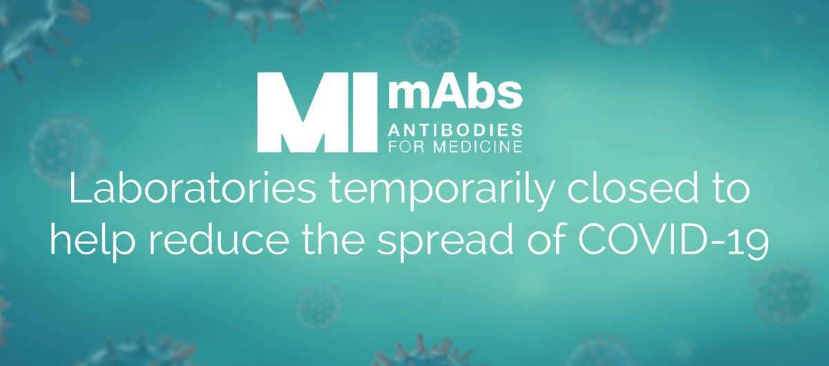 MI_mAbs's tweet photo. Following the government’s stipulations to limit the spread of #Covid19, @MI_mAbs laboratories have closed.
Nevertheless, part of the team is still on board and will be available to answer to your questions. https://t.co/9uuOXeOatW https://t.co/QAeAKt29jn