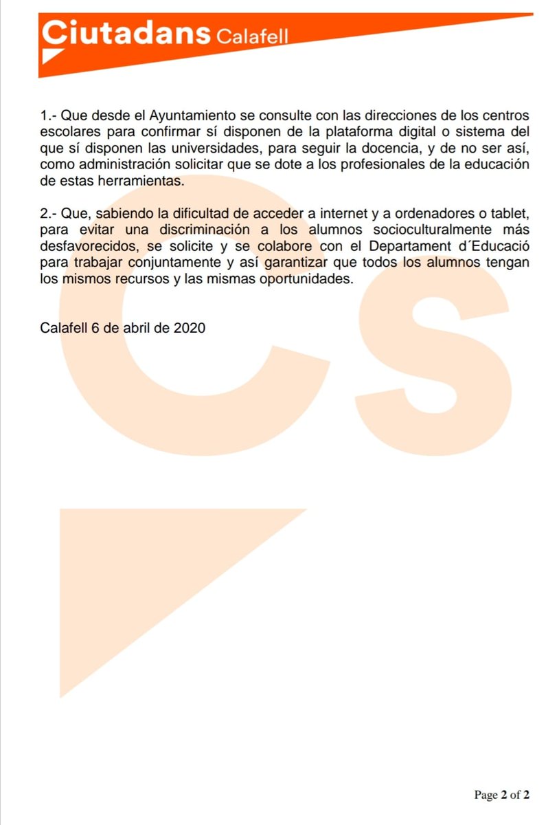 #Coronavirus 
🍊 <a href="/CiutadansCs/">Ciutadans</a> #Calafell #SeguimosTrabajando y hemos registrado una nueva medida a las ya presentadas al Gobierno local para paliar los efectos del #Covid_19
👩🏻‍🏫👨🏻‍💻👦👧 En esta ocasión dirigida al sector de la #Educación
📄 Aquí puedes ver nuestras propuestas 👇👇