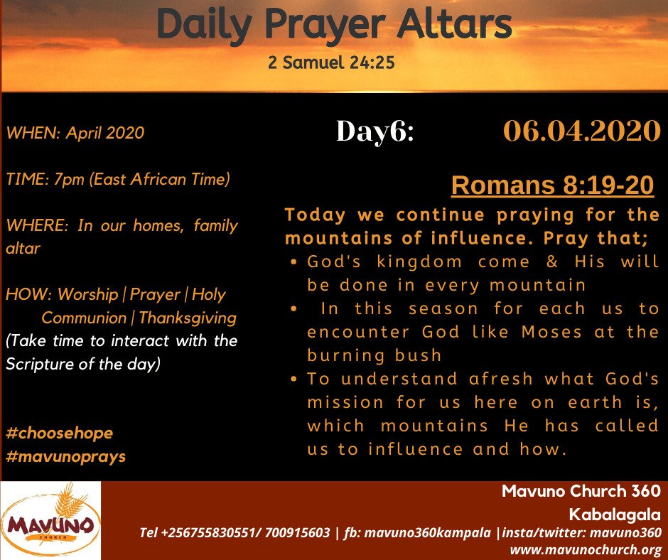 Mavuno360's tweet photo. 7pm prayer guide.
Day6: we are called to impact every mountain of influence that God has called us to. The world is waiting for you to arise.
#choosehope #covid19 #prayersmovemountains #mavunoprays #togetherinprayer #TogetherWeCan https://t.co/kG10I9nFwj