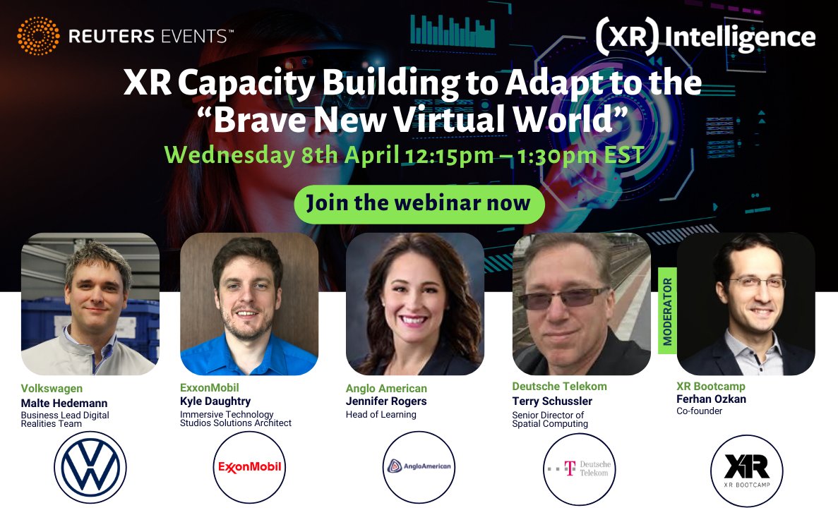 ReutersMomentum's tweet photo. Wondering how XR technology will develop over the next few months and how it could impact the workforce?

@XR_Intelligence and @VRFirstofficial will be joined by 
@VWGroup, @exxonmobil ,@AngloAmerican and @deutschetelekom. Sign up here:  https://t.co/xTG9bwAAdn https://t.co/K0d12JEjZX