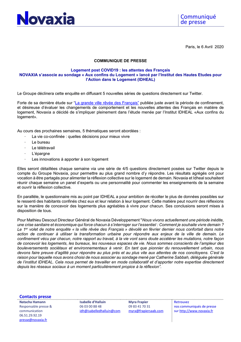 novaxia_paris's tweet photo. [#Sondage] #Novaxia s’associe au sondage «Aux confins du #logement» de l’Institut des Hautes Etudes pour l’Action dans le Logement 👉 Nous déclinons cette enquête en diffusant une nouvelle série de questions ici-même ! #IDHEAL #confinement #reflexioncollective #villes av @csabbah https://t.co/NVMecFJvpP