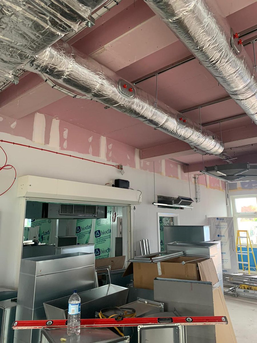 SafeguardGroup1's tweet photo. Little photo update of our project down at @wellesprimary  Our team are busy installing and lagging the fresh air and extraction duct work and installing fire rated duct work as well as installation of air conditioning to the new primary schools kitchen and hall. Good work team! https://t.co/c48KsjZasL