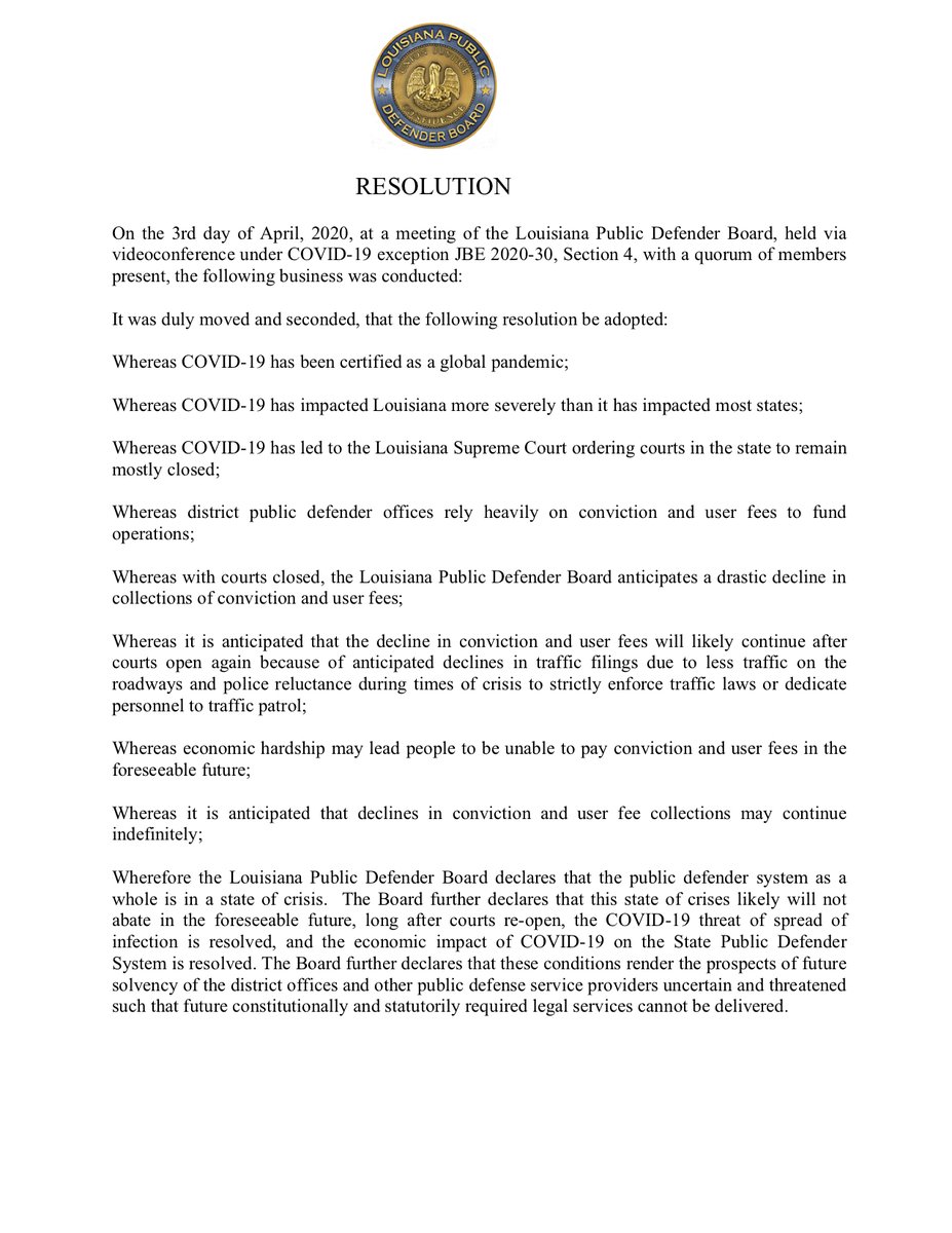 . . . in the state are funded in part with fines and fees from traffic tickets, the COVID-19 shutdown is putting many of the state's public defender districts at risk of insolvency (18 of the 42 districts). See Attached.