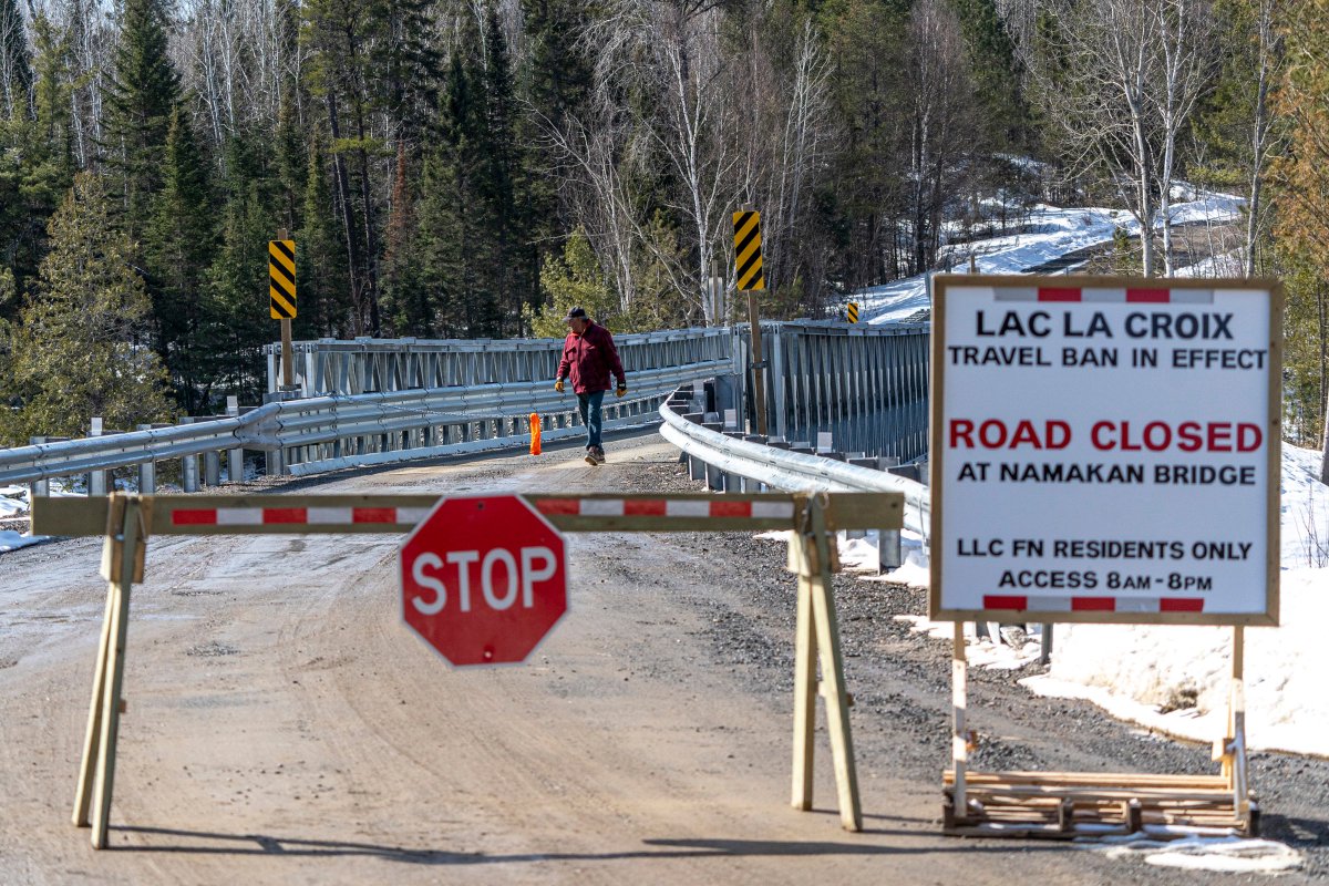 David JacksonDanny Geyshick of Lac La Croix First Nation patrols a checkpoint near their community in Northern Ontario on Sunday.