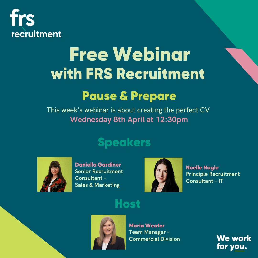 FrsRecruitment's tweet photo. Need a CV that stands out from the rest? Join Senior Recruiters Daniella, Noelle and Maria on our free webinar this Wednesday 8th April @12:30pm to hear their discussion and top tips on creating the perfect CV. Click here to register> https://t.co/SJkMn1DHNc #weworkforyou https://t.co/hS0QGS0kuP