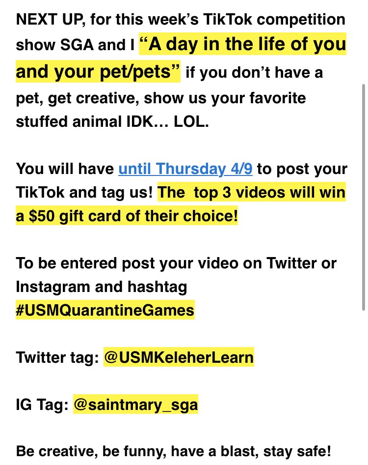 Congrats to our week 1 winners! 💰NEXT UP, a day in the life of you and your pet/pets! 

This should be interesting 🤣

Have some fun for a chance to win a $50 gift card of your choice! 

#USMQuarantineGames 
<a href="/USMSpireWire/">Saint Mary</a>