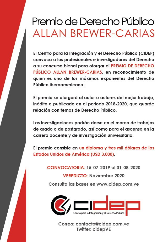cidepVE's tweet photo. Consulta las bases del PREMIO DE DERECHO PÚBLICO ALLAN BREWER-CARIAS en https://t.co/bSH7Iwg6c1 https://t.co/vIHcOfry9L