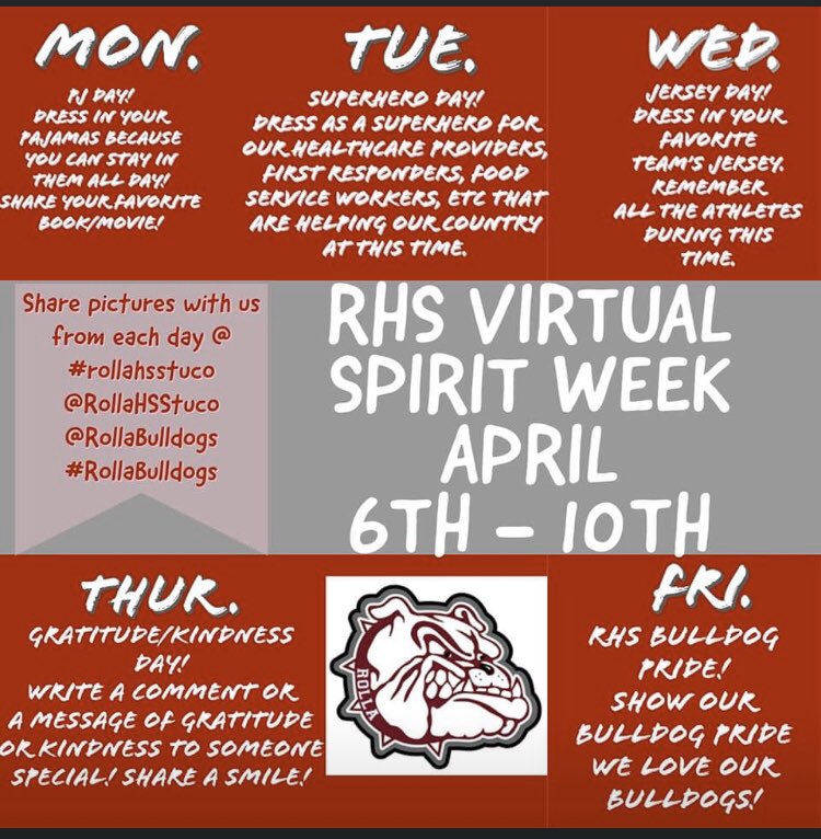 Rolla High School (@rollabulldogs) on Twitter photo Spirit week!! Show us your spirit! We are strong and will get through this together!! <a href="/rolla6thman/">Rolla 6th Man</a> @RollaHSStuco <a href="/rhsbulldogs/">RHS Baseball</a> <a href="/R31Official/">Rolla Public Schools</a> <a href="/RollaHSwrestlng/">Rolla HS Wrestling</a> @rhsechonews <a href="/rollavolleyball/">RHS Volleyball</a> <a href="/rollahspepclub/">RHS Pep Club</a> <a href="/Rollafootball/">Rolla Football</a> Spirit week!! Show us your spirit! We are strong and will get through this together!! <a href="/rolla6thman/">Rolla 6th Man</a> @RollaHSStuco <a href="/rhsbulldogs/">RHS Baseball</a> <a href="/R31Official/">Rolla Public Schools</a> <a href="/RollaHSwrestlng/">Rolla HS Wrestling</a> @rhsechonews <a href="/rollavolleyball/">RHS Volleyball</a> <a href="/rollahspepclub/">RHS Pep Club</a> <a href="/Rollafootball/">Rolla Football</a>