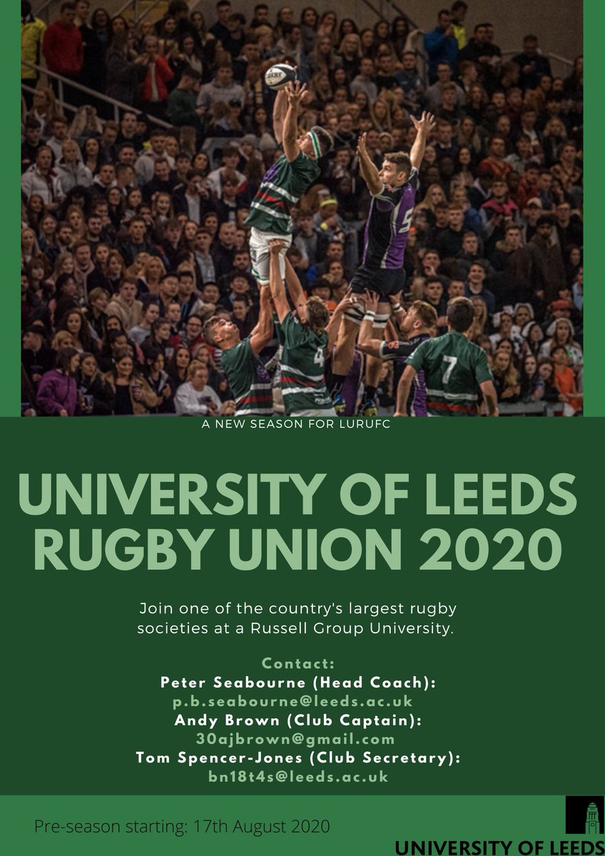 LURUFC's tweet photo. Joining the University of Leeds and want to play rugby? If so, contact Peter Seabourne (Head Coach): P.B.Seabourne@leeds.ac.uk and Andy Brown (Club Captain): 30ajbrown@gmail.com. 

Pre-season starting: Monday 17th August 2020 https://t.co/RNTJ3DvI7V