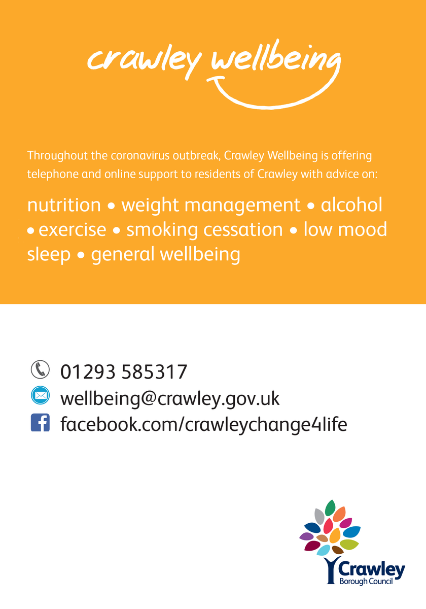 CrawleyWB's tweet photo. Throughout COVID-19 Crawley Wellbeing are here to support the residents of Crawley. 

Want advice on either nutrition, weight management, alcohol, exercise, smoking cessation, low mood, sleep or just general wellbeing?

Contact us today!

#health #wellbeing #crawley https://t.co/jyKGB8Yvhj