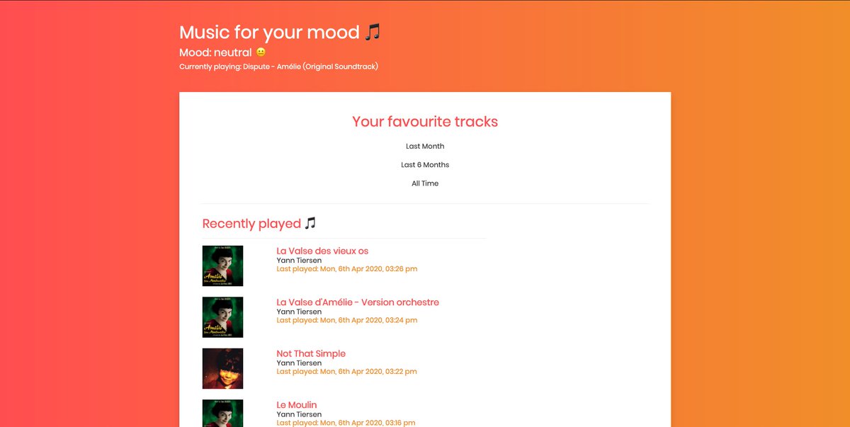 pierrecodes's tweet image. Making great progress with my Spotify Mood Playlist Generator! The #SpotifyAPI is very easy to use and has an awesome web console that lets you try their endpoints before trying it on your apps. Next up is sorting songs for each mood... #reactjs #spotify #musifeel