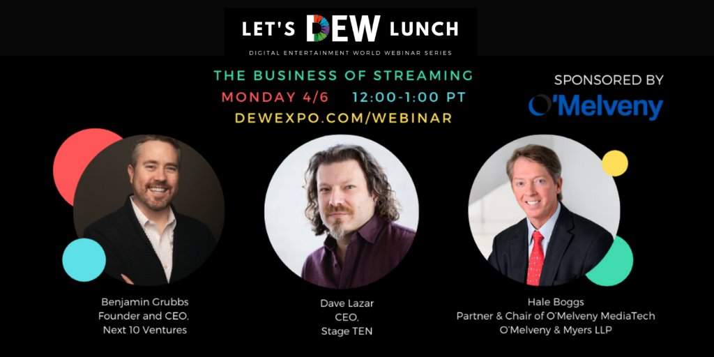 Catch up on “The Business of Streaming” TODAY at 12pm noon PST.  Register here: bit.ly/DEWStrmgWebina… for DEW's free  webinar with <a href="/Next10Ventures/">Next 10 Ventures</a>’ CEO Benjamin Grubbs <a href="/bjgrubbs/">Benjamin Grubbs</a> &amp; <a href="/stagetentv/">Stage TEN</a>’s CEO Dave Lazar hosted by <a href="/omelvenymyers/">O’Melveny</a>' Partner Hale Boggs <a href="/haleboggs/">Hale Boggs</a>  <a href="/dmwnews/">Digital Media Wire</a>