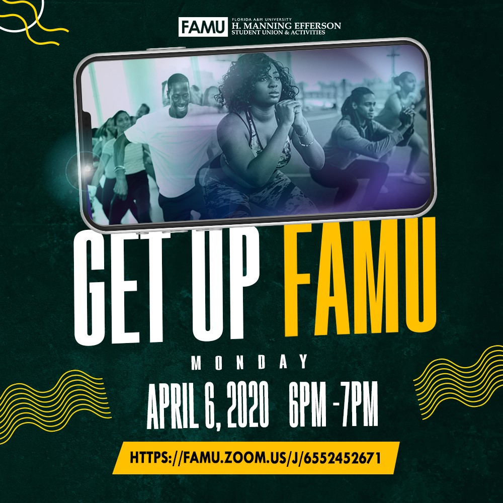 Hello, Rattlers!
We know you've been practicing social distancing at home, but have you been looking out for your personal health at home?
To help you stay active, FAMU Efferson Student Union is holding a Zoom workout session today at 6:00 PM!
Stay #HealthyRattlers!