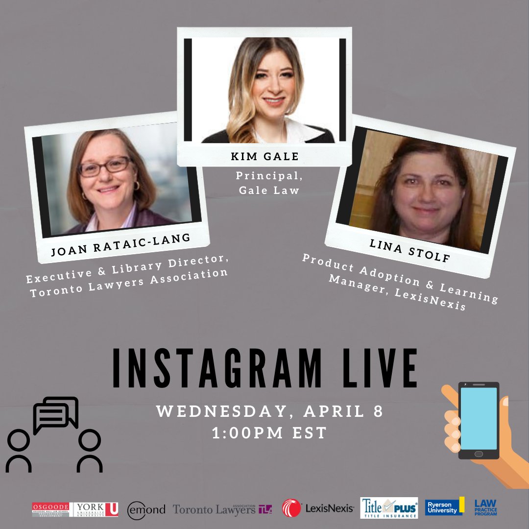 ncanetworkTO's tweet photo. We're going live on Instagram THIS WEDNESDAY at 1pm EST! Kim Gale will chat with Joan Rataic-Lang, TLA &amp; Lina Stolf, LexisNexis. Learn about the products/services they offer &amp; get your questions answered! #NCANetwork #TLA #LexisNexis #InstagramLive #NCAstudents #lawstudents #ITLs https://t.co/jYj80Coxtb