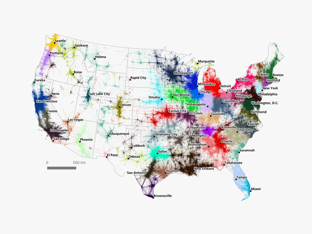 When modern geographers map such networks, what they might call “nodal” or “functional regions”, they are primarily looking at economic connections, as in this map from a 2016 Wired article on American commutes. https://www.wired.com/2016/12/mesmerizing-commute-maps-reveal-live-mega-regions-not-cities/ rh 21/