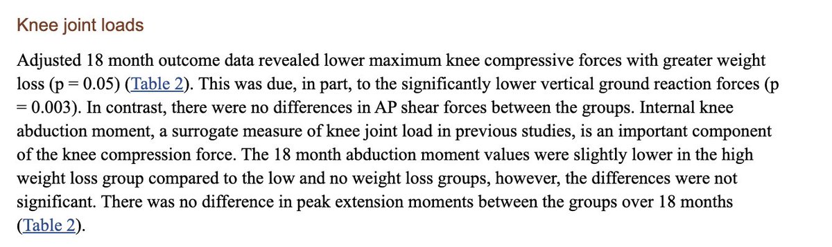 Further, that paper is odd. They conclude there is less compressive load on the knee after a 10% weight loss but there isn't. Its only less compared with the group that didn't lose weight. Not less at an individual pre-post level.What am I missing here?