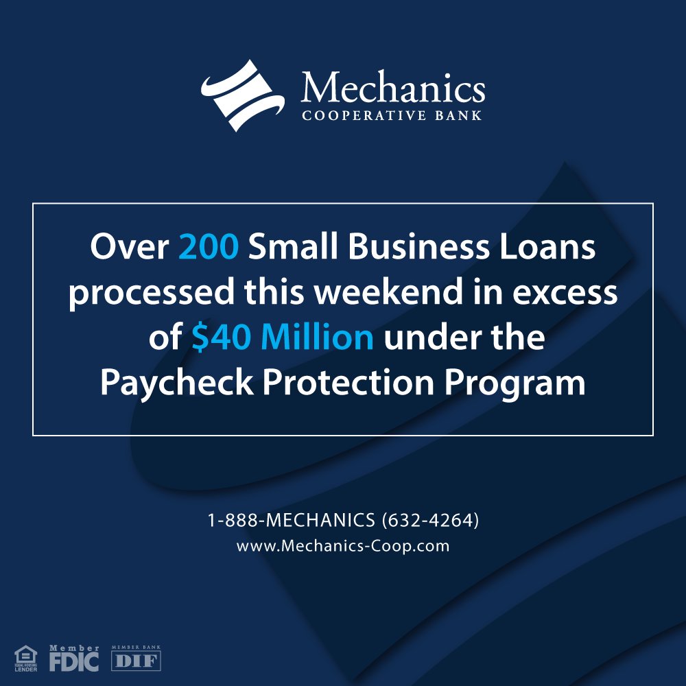 We are proud to report that we have processed over 200 Small Business Loans this weekend in excess of $40 Million under the guidance of the #CARESAct

Press Release: ow.ly/opT250z6ucg

@MaBankersAssoc @ICBA @Risbj #LetsKeepItLocal  #CoronavirusRelief  #SmallBusinessLending