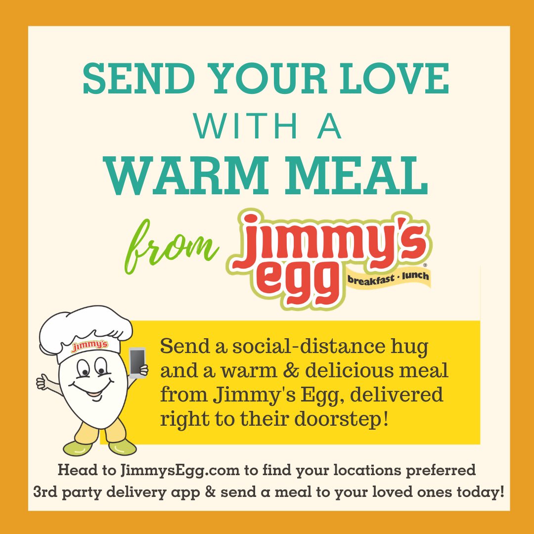 Send your love ❤️

Have a loved one that you can’t see right now, or maybe one that can’t get out at all? Send your love with a delivered meal from Jimmy’s Egg! 🍳