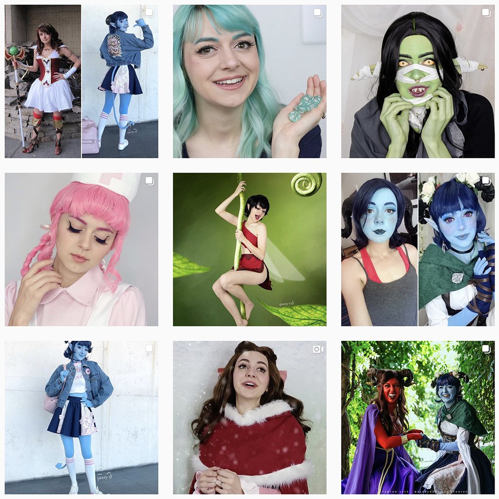 —side-by-sides pretty often (weekly, maybe?) because they perform well, but can look cluttered if there are too many on my profile in a row—repost old photos at least weekly-ish so my feed isn't a block of my latest cosplays—video thumbs follow the same rules as stills