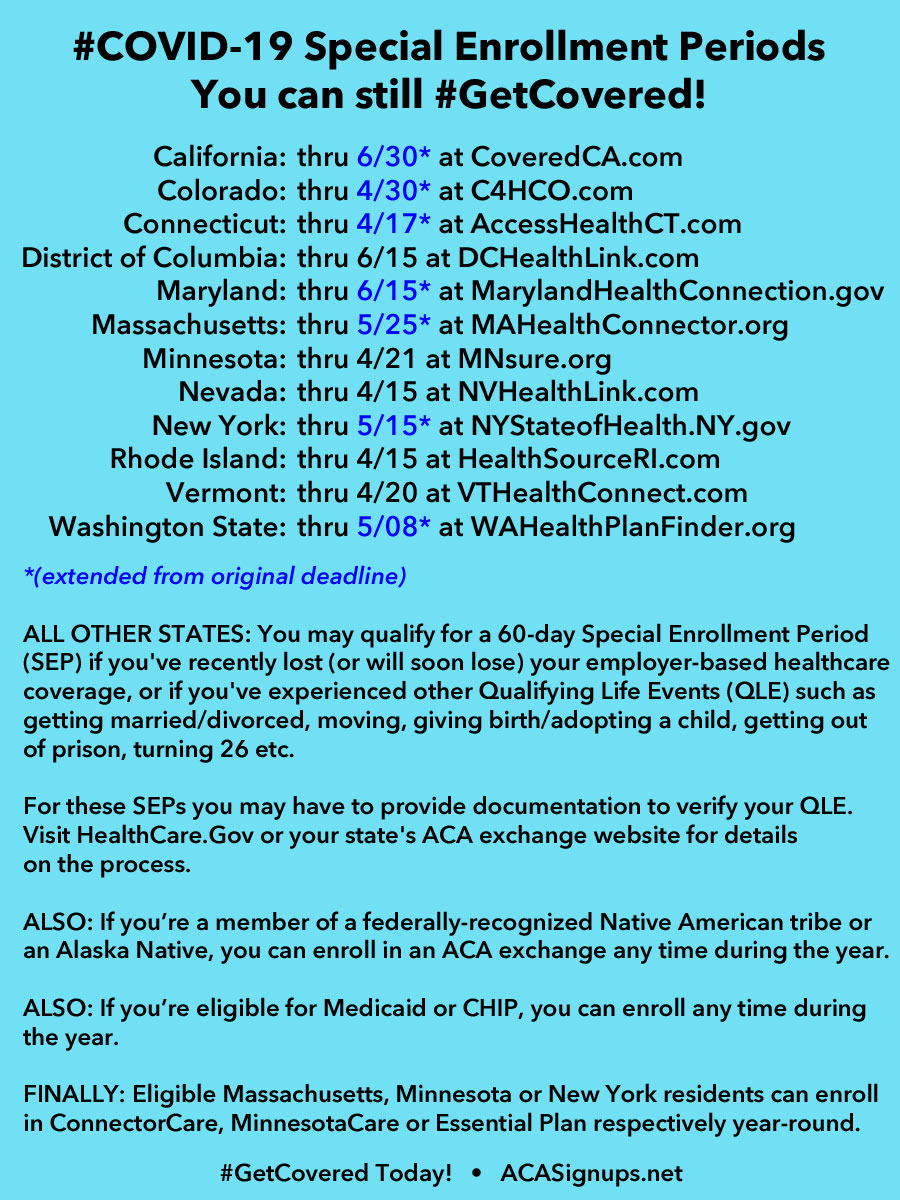 Here's the list of  #ACA state-based exchange links & deadlines for their  #COVID19 SEPs for ANY uninsured resident, along with information about *normal* SEPs for residents of the other 39 states. If you're eligible for Medicaid or CHIP in *any* state you can enroll year-round.