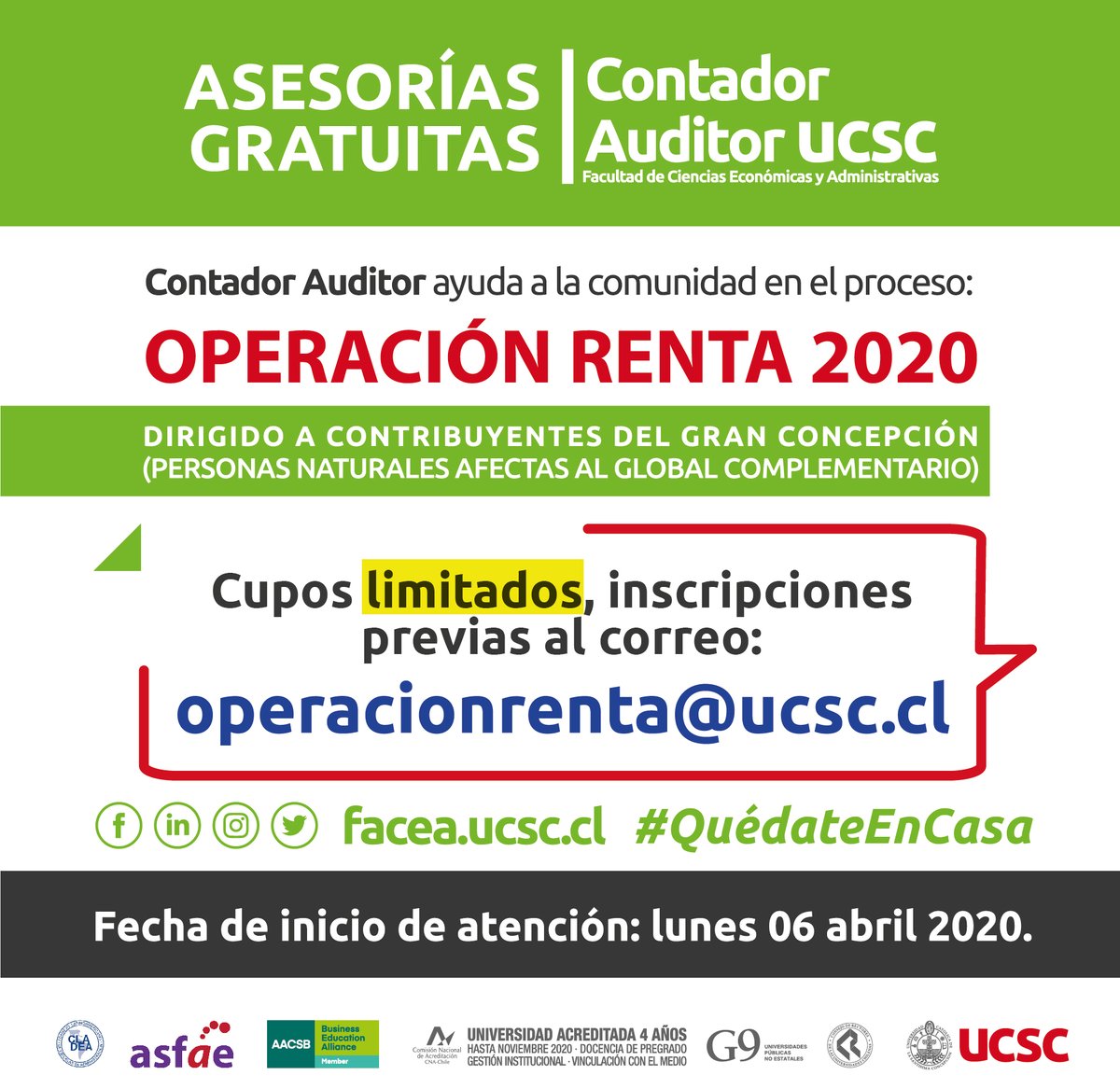 #ComunidadUCSC | Docentes de Contador Auditor, de 
<a href="/faceaucsc/">FACEA UCSC</a>, entregarán asesorías gratuitas a la comunidad del #GranConcepción, con el fin de apoyarlos en la Operación Renta 2020.

📧Inscripciones a operacionrenta@ucsc.cl. Cupos limitados.

#MeQuedoenCasa
#LavaTusManos