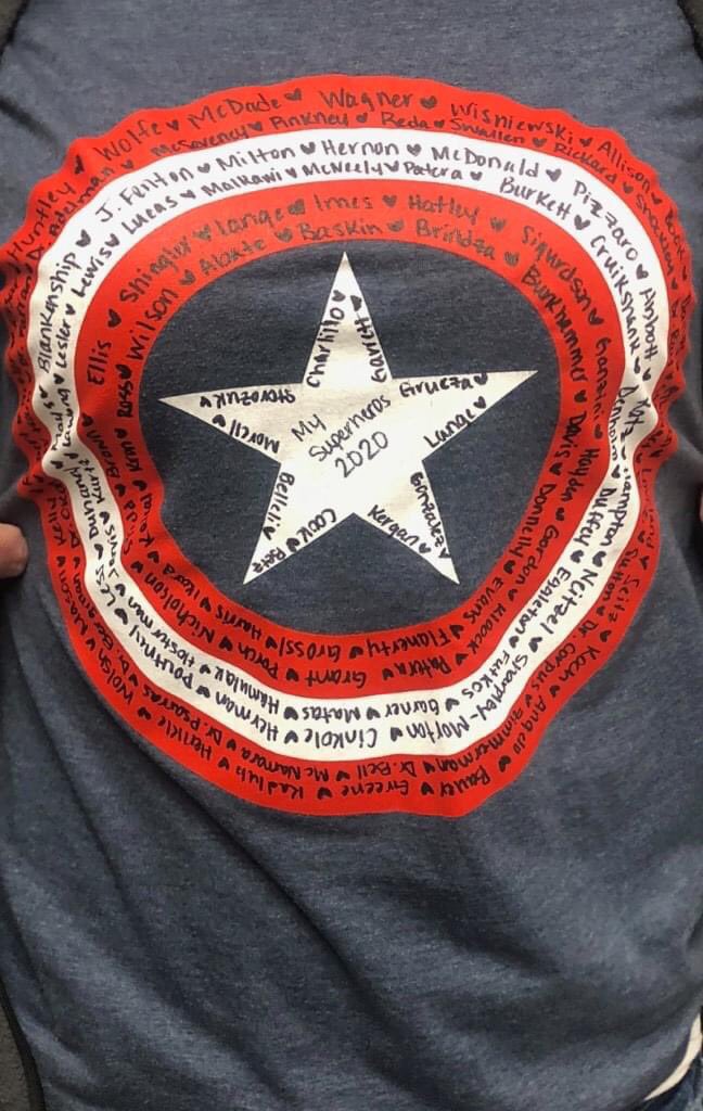 shan_1105's tweet photo. It’s superhero shirt day at work today and our director of nursing made her own shirt listing all of her employees on it #essential #coronovirus #love #COVID19 https://t.co/ZKGUc1BeCG