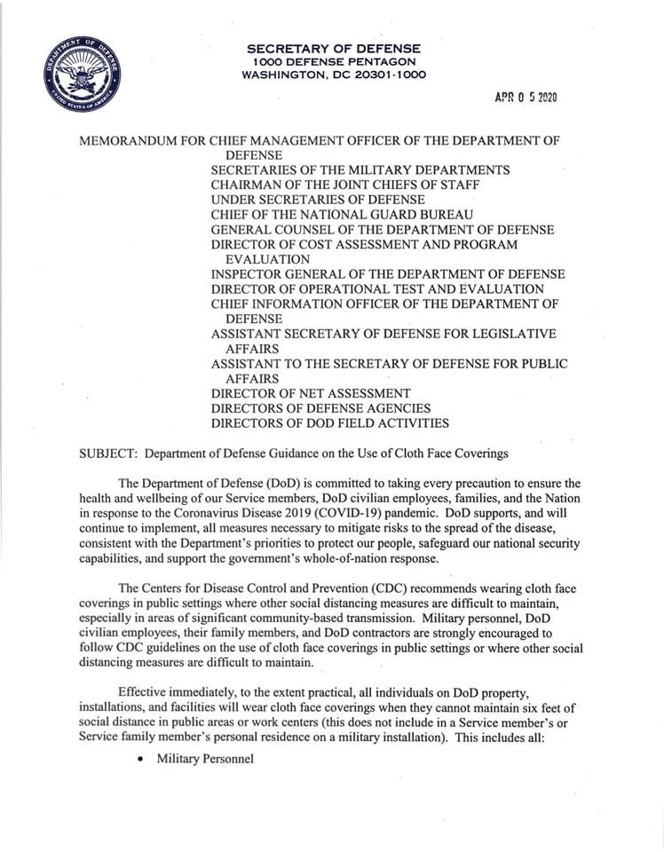 Per @EsperDoD direction, effective immediately, all individuals on @DeptofDefense property, installations, and facilities are required to wear cloth face coverings when they cannot maintain six feet of physical distance in public areas or work centers. 

#COVID19 #COVIDUSAF