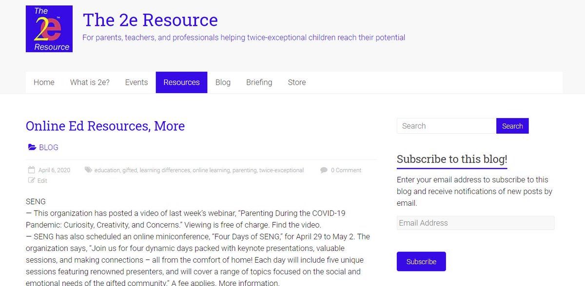 NEW BLOG ITEMS about online education resources, a mini-conference from <a href="/SENG_Gifted/">SENG</a> and more. #2ekids 2eresource.com/2020/04/06/onl…