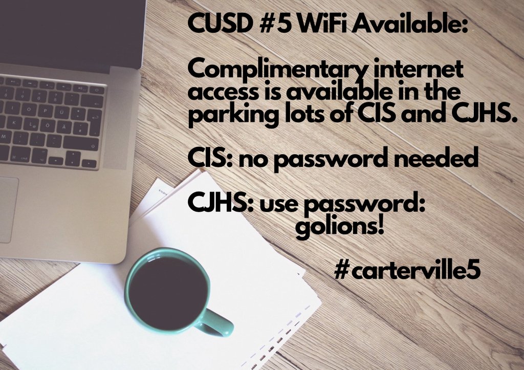 carterville_5's tweet photo. Complimentary WiFi now available at CIS and CJHS parking lots. Use the password golions! (CJHS only) No password needed at CIS. https://t.co/VONMt23mkN