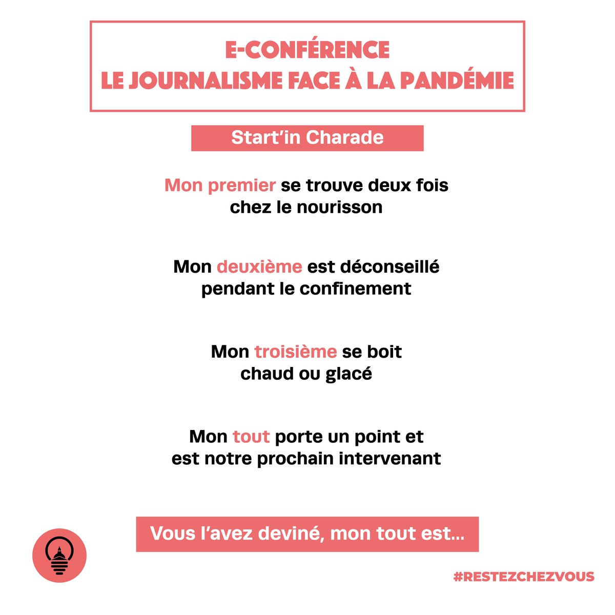 Startinsorb's tweet photo. L'équipe Start'in Sorbonne espère que vous vous portez bien en cette période de confinement.

Nous vous réservons une très belle surprise dans les jours à venir, alors voici une petite charade pour vous mettre sur la piste. 🤫

Restez branchés pour un énooooorme rendez-vous !

💡 https://t.co/VonqQ91F84