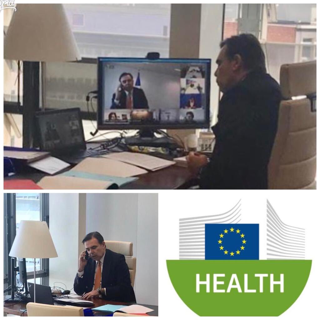 MargSchinas's tweet photo. Useful call with Health Ministers and @SKyriakidesEU on cross-border health care guidelines, travel restrictions at the external borders and EU contribution to global preparedness and #Covid_19 response. We must continue joining forces as the situation evolves. https://t.co/DjdMDTWu4A