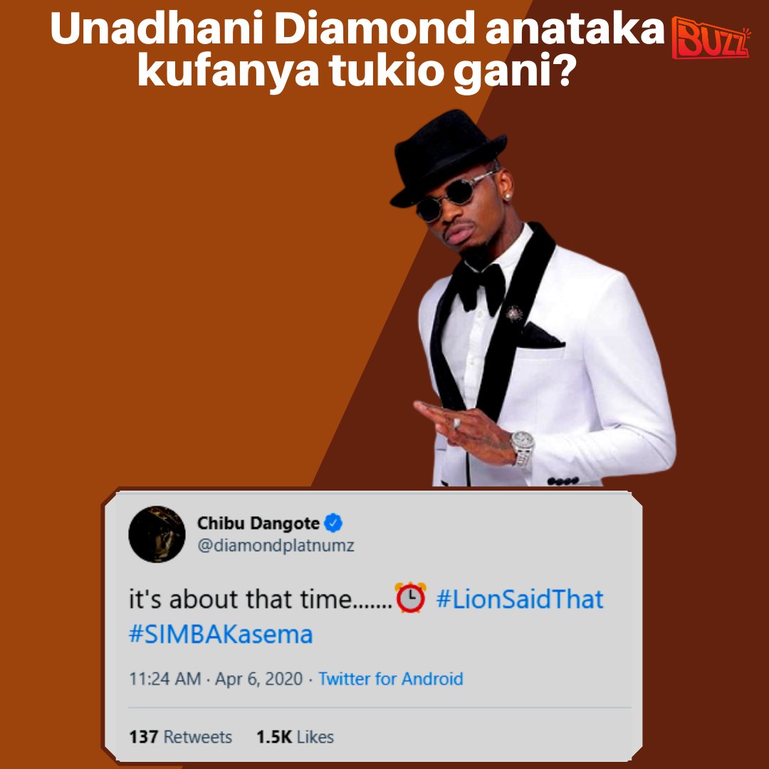 BoombuzzTZ's tweet photo. Nini mtazamo wako @diamondplatnumz? Dondosha comment yako hapo chini.
.
trending #StaySafeWithBuzz #StayAtHomeWithBoomplay https://t.co/Tuq6s2bm0R