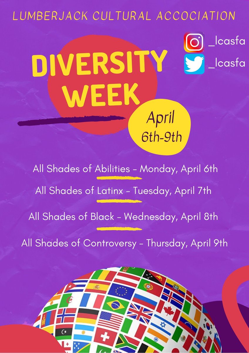 LCASFA_'s tweet photo. Diversity Week 2020 ✨🌎

#DiversityWeek #SFA #WetheOMA #spring2020 https://t.co/iyvqcaMSE0