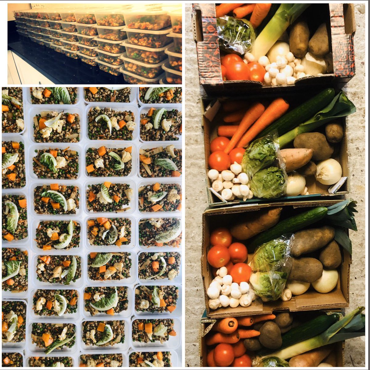 Community veg boxes and dinner for 100 of our local #NHSheros going out this evening thanks to @MajorInt_MattO @1CSL @vegetarianexpre for this lovely lot @arareborn @samuelBpotter @gwbramwell @rousechar #nhsvolunteer #helpushelpthem