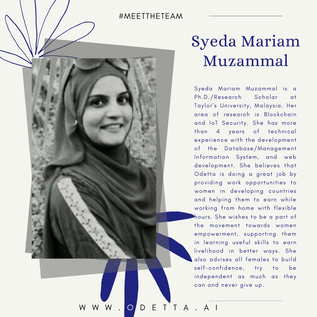 OdettaInc's tweet photo. #MeetTheTeam 

Meet Syeda Mariam, Data Analyst at Odetta ⭐️ 

#odettainc #teamodetta https://t.co/JilbNWA3cU