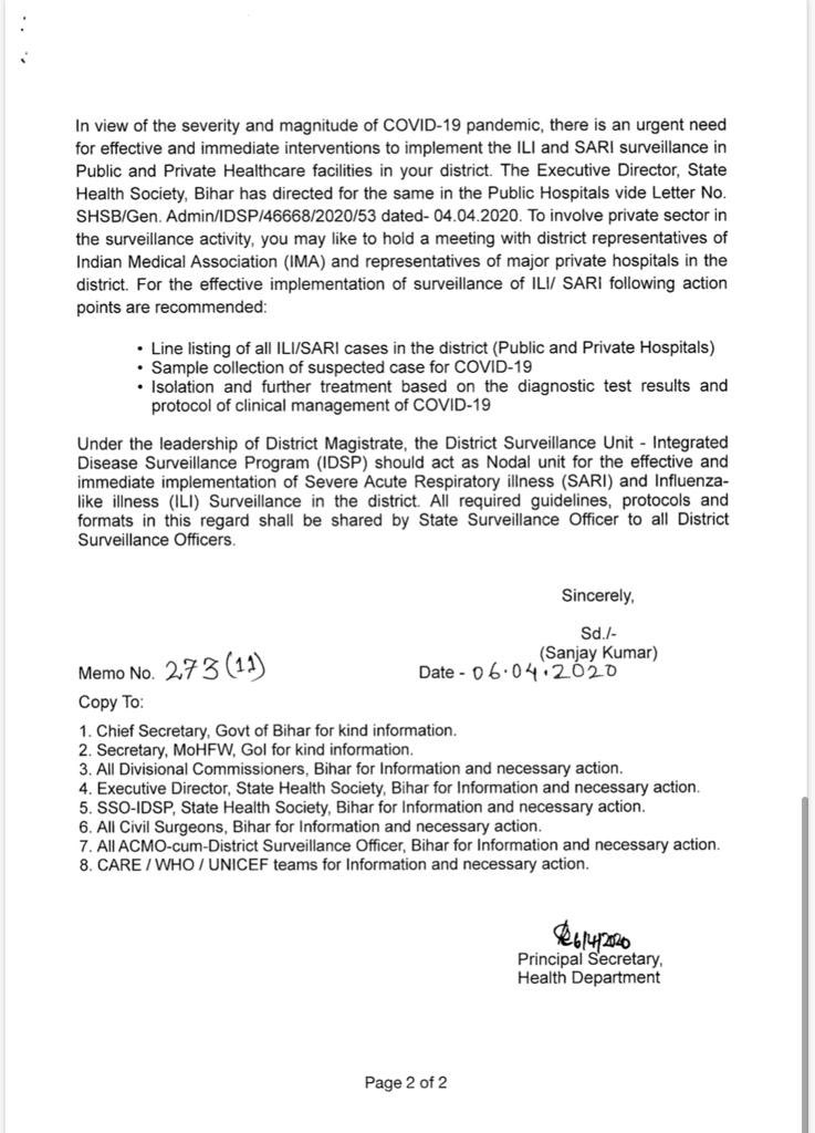 #BiharFightsCorona we must screen all patients with influenza like illness and severe acute respiratory illness in public and private hospitals for covid-19.all dm’s and civil surgeons have been directed to do so.request private hospitals to assist and support.