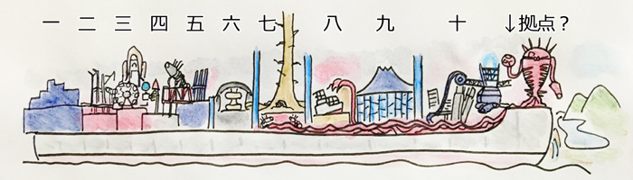 @manaki18 わたし的にはこんな感じ↓なのかな、と思っていました。赤い傘があったところは、BWEが浮いて接岸?していたので、十島の位置と一致はするけど地表が高い位置にあるのではと。ちょうど船の舳先のあたりが高くなっている部分(船首楼)のようなイメージです。