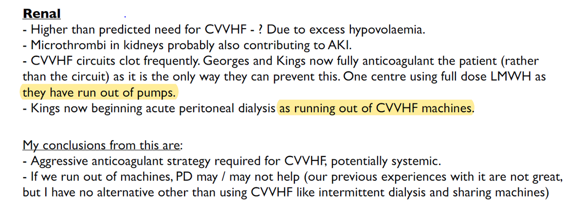 This in turn is putting pressure on equipment, notably CVVHF machines, which I am told are a kind of dialysis/blood filtration machine used in intensive care. Also 'pumps' for treatments. This is causing doctors to shift treatment. /6