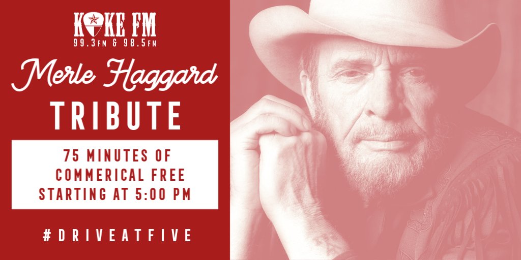 KokeFMAustin's tweet photo. Today at 5:00 PM, we pay tribute to the late Merle Haggard w/75 minutes of commercial free #MandatoryMerle w/@EricRaines1
📻: 99.3 or 98.5 FM
🖥: https://t.co/MTBmBqxVYy
📲: KOKE FM App https://t.co/IedZIH73GX