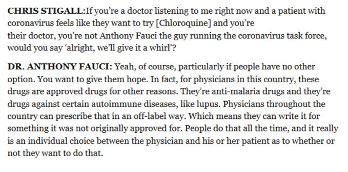 Dr. Fauci has said MULTIPLE TIMES it's perfectly fine for doctors to prescribe hydroxychloroquine to CCP Virus patients off label. Here's just ONE EXAMPLE of him saying that.