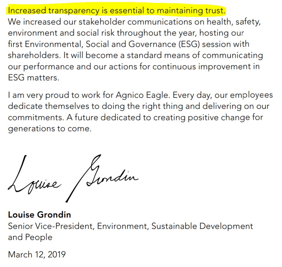  Starting alphabetically.  @agnicoeagle mines  $AEMWord "transparency" appears 12 times; "trust" 8 times. In calculating "Total direct and indirect GHG emissions" they exclude Scope 3. You wouldn't know because they're not defined.