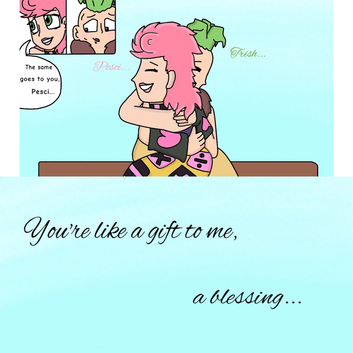 ObsessedPianist's tweet photo. This continues my previous comic with Pesci and Trish ๐
#trish #trishuna #trishunajojo #jojotrishuna #jojotrish #trishjojo #pesci #pescijojo #jojopesci #jojo #jojosbizarreadventure #jojokimyounabouken #goldenwind #ventoaureo https://t.co/jRVQwj480N
