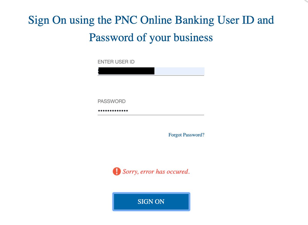 denine120's tweet photo. @PNCBank_Help Having similar issues as well with PPP. I can't even get past the login page. Keeps telling me that an error has occurred. https://t.co/ztc429rexF