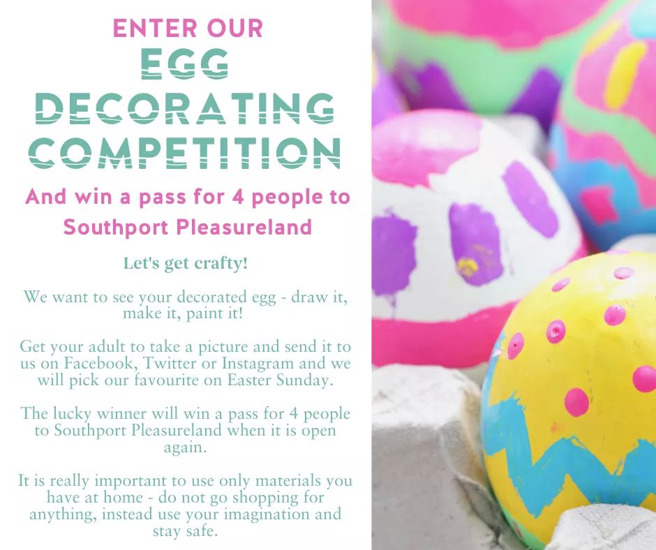 🌈 | Competition - whilst the kids are not schooling get them to decorate an egg. The winner will get a pass for a family of 4 to Southport Pleasureland (when it reopens).
❎ It is really important the egg is made from materials already around the home.
 #StayHomeSaveLives
